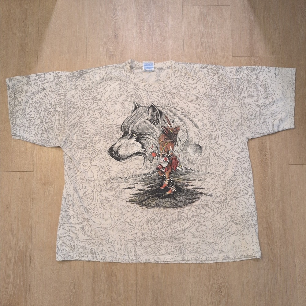 VTG Wolf Spirit Adult XXL Shirt Spirit Native Moon Nature Trees Art Drawing AOP